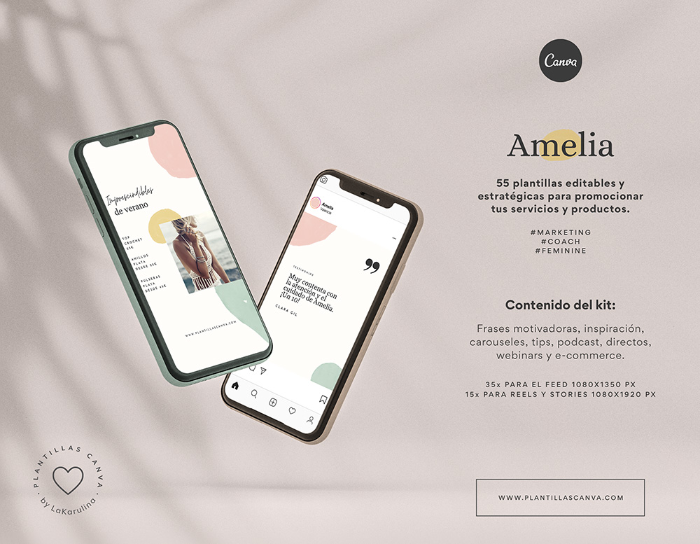 Amelia, Kit de plantillas para Instagram editables en Canva con estilo femenino para marketing y negocios saludables