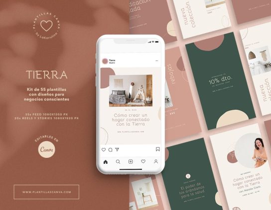 Tierra, kit de plantillas para Instagram diseñadas para marcas de eco y conscientes y editables en Canva